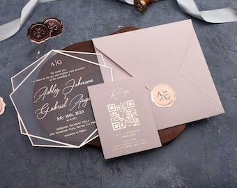 Rustic Rose Gold Acrylic Invitations Set, Acrylic Invitation with Rose Gold Foil, Custom Clear Acrylic invite with QR Code Rsvp Card, Pink