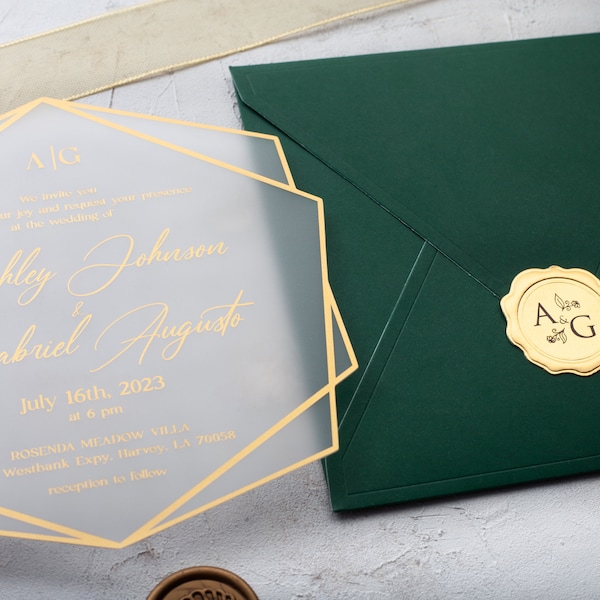 Emerald Green Acrylic Wedding Invitation, Acrylic Invitation with Gold Foil, Elegant Wedding Invite, Acrylic Invite, Rsvp Card with QR Code