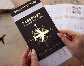 Passport Wedding Invitation, Passport Style Invite, Black Gold Foil Boarding Pass Invite, Destination Wedding Cards Airplane, Black and Gold