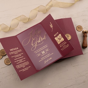 Burgundy Acrylic Wedding Invitation — Gold Foil Folded Design