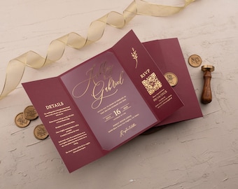 Burgundy Acrylic Wedding Invitation — Gold Foil Folded Design