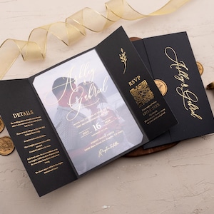 Black & Gold Acrylic Wedding Invitation: Elegant Gold Foil, Folded Luxury Design