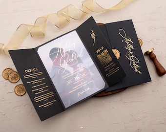 Black & Gold Acrylic Wedding Invitation: Elegant Gold Foil, Folded Luxury Design