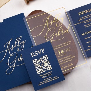 Faire-part de mariage en acrylique bleu marine, le lot est facultatif, faire-part en acrylique avec feuille d'or, carte de mariage en acrylique avec pochette, carte d'invitation, luxe
