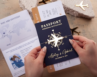 Wedding Passport Invite Navy Blue Gold Foil With Photo Destination Travel Invitation Custom Personalized, Navy Blue and Couple Photos Invite