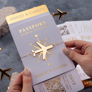 Faire-part passeport en feuille d'or, carte de mariage de voyage, invitation pour carte d'embarquement, papeterie de mariage à destination personnalisée, invitation pour passeport à destination