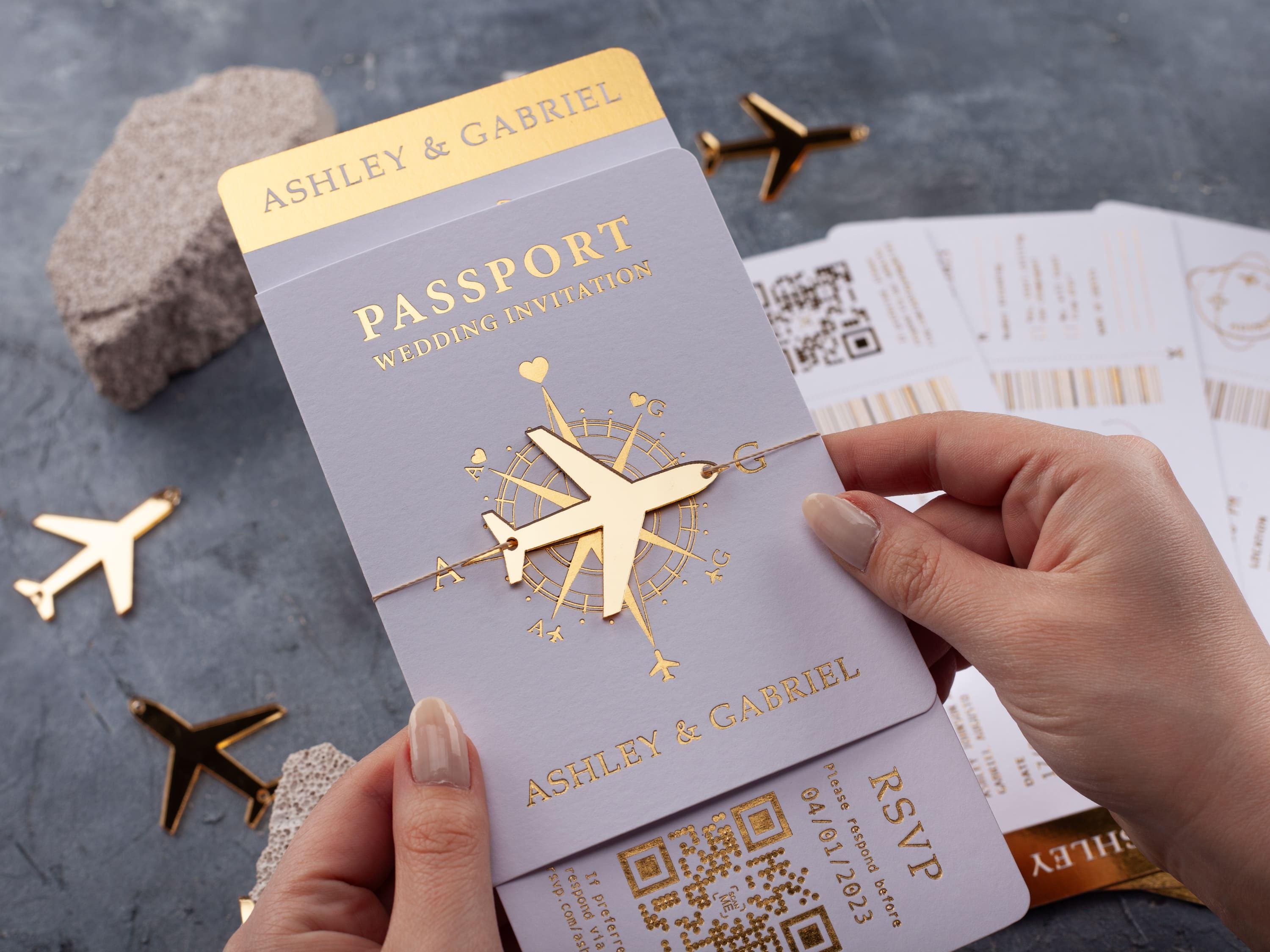 Gold Foil Passport Invitation Travel Wedding Card Boarding Pass Invite Custom Destination Wedding Stationery, Destination Passport Invites