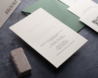 Embossed Wedding Invitation — Letterpress Wedding Invite, Minimalist Set