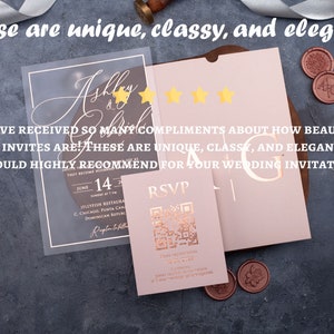 Five-star customer review graphic displayed over the blush pink acrylic wedding invitation suite.