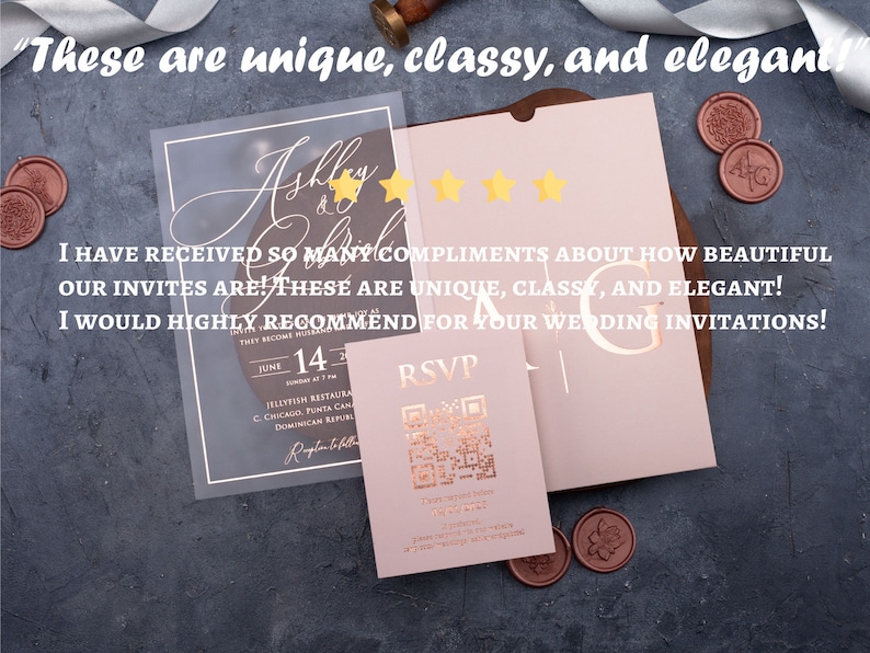 Five-star customer review graphic displayed over the blush pink acrylic wedding invitation suite.