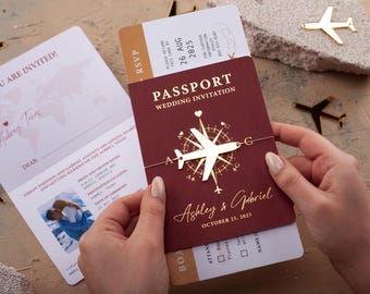 Passport Wedding Invitation with Photo — Destination Travel Theme, Boarding Pass RSVP Card