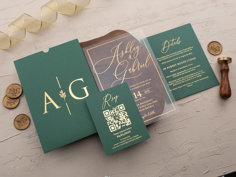 Clear acrylic wedding invitation with rose gold foil, emerald green sleeve envelope and optional QR RSVP and details cards.