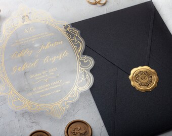 Acrylic Wedding Invitations, Crown Cut Acrylic Wedding Invite, Black Envelope and Gold Foil Printed