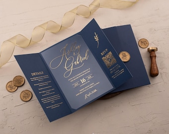 Acrylic Invitation With Navy Blue Gatefold Jacket, Gold Foil Wedding Invite