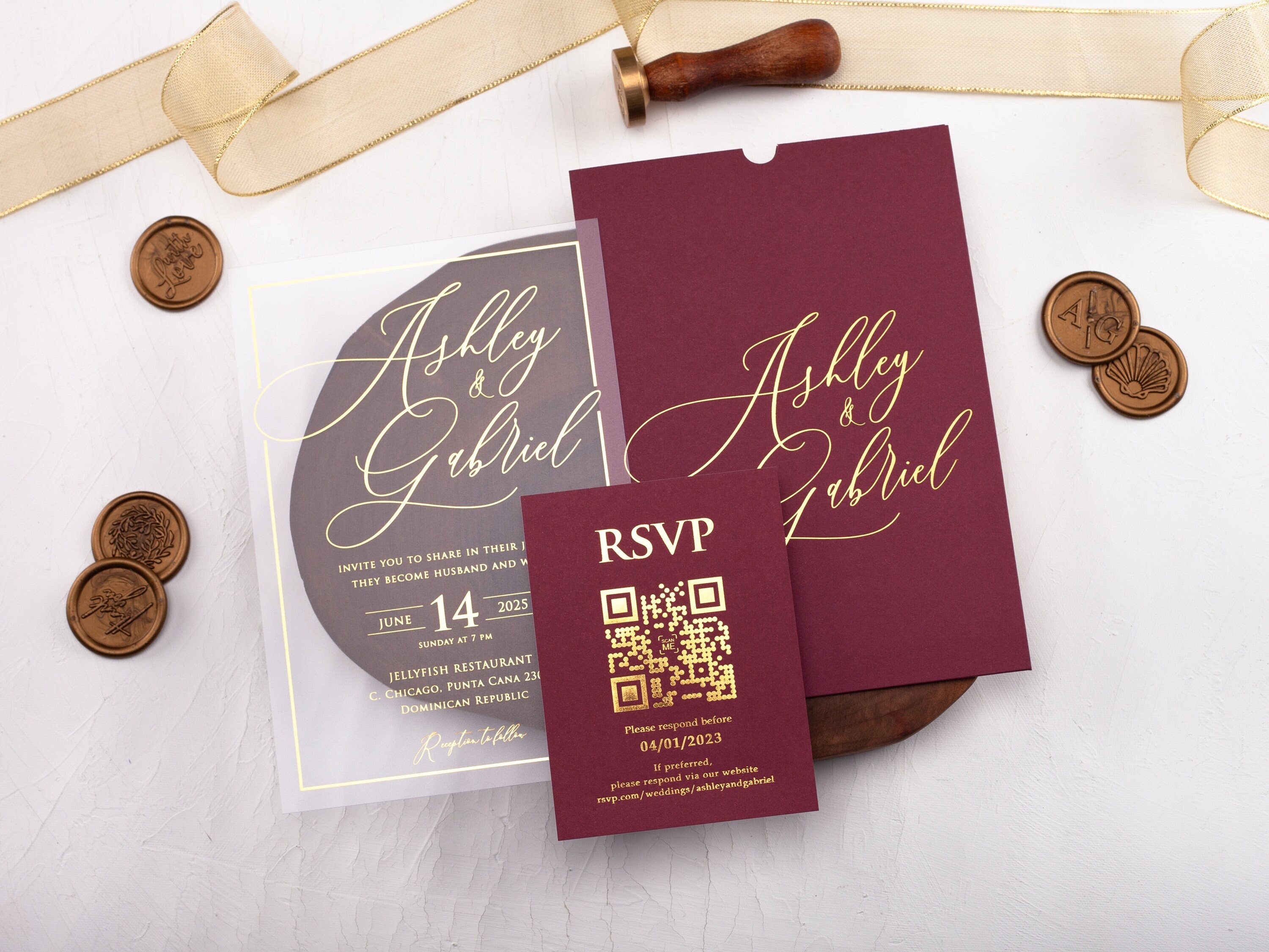 Burgundy Acrylic Wedding Invitation, Luxury Gold Foil Print, Bride and Groom's Names on Sleeve Envelope, Set is Optional(Check Description)