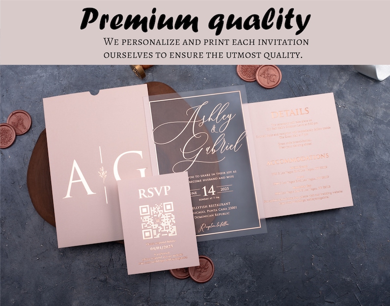Premium quality graphic above a blush pink acrylic wedding invitation suite with optional QR RSVP and details cards.