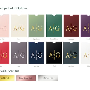 Envelope and foil color options chart showing pink, neutral, green, burgundy, purple, red, gray, navy, black and white choices with gold, rose gold and silver foil.