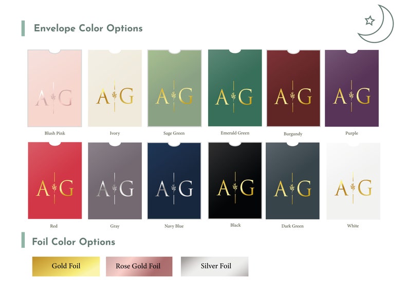 Envelope and foil color options chart showing pink, neutral, green, burgundy, purple, red, gray, navy, black and white choices with gold, rose gold and silver foil.