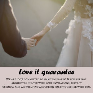 Love it guarantee graphic with a couple holding hands and a message offering support if the invitation is not satisfactory.