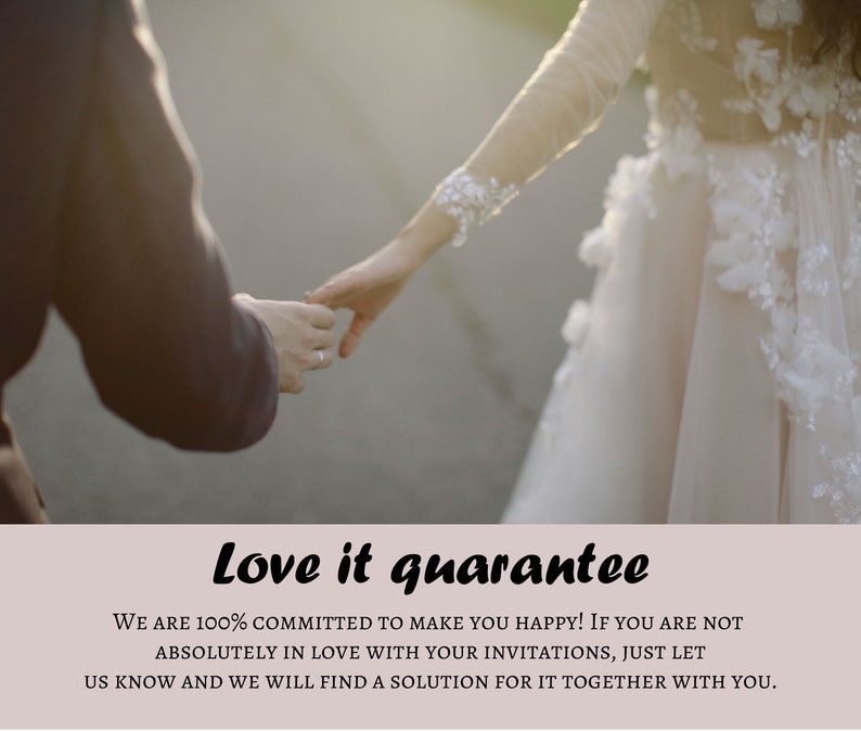 Love it guarantee graphic with a couple holding hands and a message offering support if the invitation is not satisfactory.