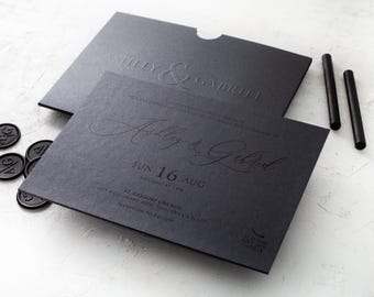 Luxury Wedding Invitation: Embossed Letters, Black Foil, QR Code RSVP and Details