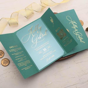 Emerald Green Acrylic Wedding Invitation, Folded Wedding Invitation with Gold Foil Print, Wedding Acrylic Invitation, Invitations Acrylic