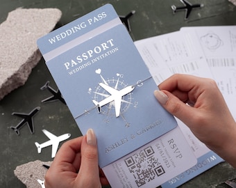 Silver Foil Travel Wedding Invitations | Baby Blue Passport Style Boarding Pass | Destination Wedding Cards Airplane, Silver and Baby Blue