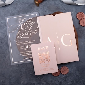 Rose Gold Foil Acrylic Wedding Invitation Set, Personalized Clear Card, Blush Pink Envelope, QR Code RSVP
