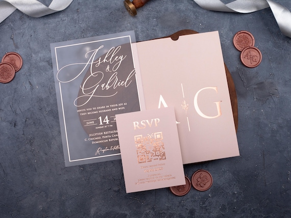 Rose Gold Foil Acrylic Wedding Invitation Set, Personalized Clear Card, Blush Pink Envelope, QR Code RSVP