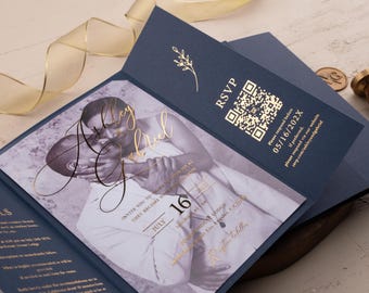 Navy Blue Acrylic Wedding Invitation with Jacket, Gold Foil Print, Folded Design