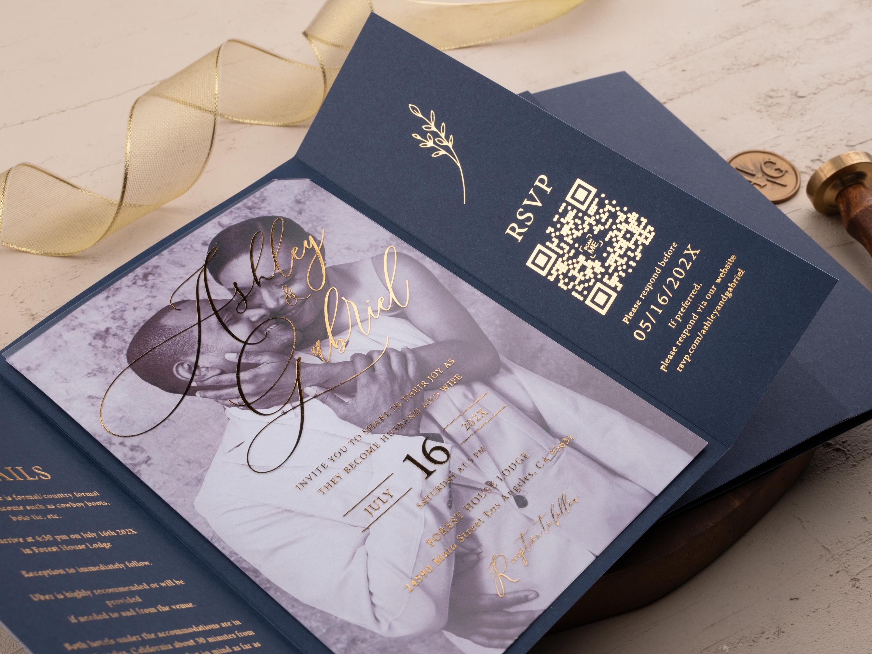 Navy Blue Acrylic Wedding Invitations, Folded Wedding Invitations with Gold Foil Print, Wedding Acrylic Invitation, Invitation Acrylic, Blue