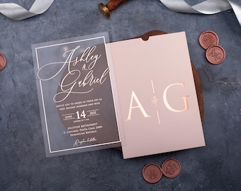 Blush Pink Acrylic Wedding Invitations Set, Clear Plexiglass with Rose Gold Foil, Custom Personalized Modern Elegant Transparent Cards