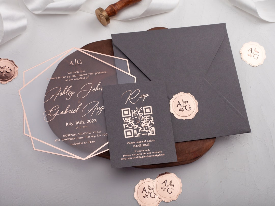 Acrylic Wedding Invitation With Rose Gold Foil, Gray Envelope, Perfect ...