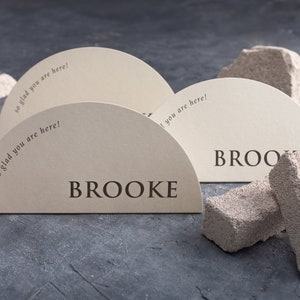 Può includere: Tre segnaposto beige con il testo "so glad you are here!" e il nome "BROOKE" stampato su di essi. I segnaposto sono disposti a semicerchio su una superficie grigia.