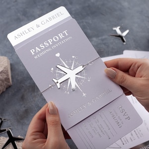 Silver Foil Passport Wedding Invitation Boarding Pass White Travel Theme Destination Wedding Card Custom Invite Set, Luxe Destination Invite
