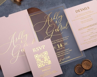 Acrylic Wedding Invitation Set, Gold Foil, Blush Pink Envelope and Sleeve
