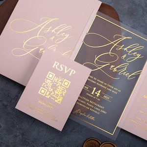 Faire-part de mariage en acrylique rose poudré et doré, le lot est facultatif (vérifiez la description), faire-part en acrylique avec feuille d'or, carte en acrylique avec pochette