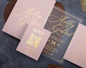 Blush Pink and Gold Acrylic Wedding Invitations, Pink and Gold Acrylic Wedding Invite, Sleeve Envelope and Acrylic Wedding Card