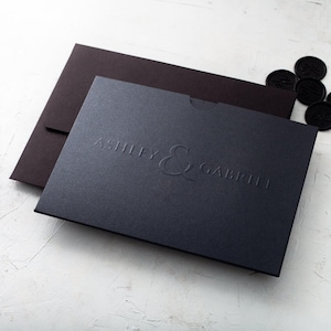 A black wedding invitation with embossed names on a black envelope and a black card are arranged on a white textured surface, with black wax seals and wax sticks nearby.