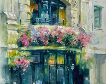 May include: An oil painting depicts a building facade with a balcony overflowing with pink flowers. The building features arched windows and a dark teal storefront. The artwork has a painterly style with visible brushstrokes and a soft color palette.