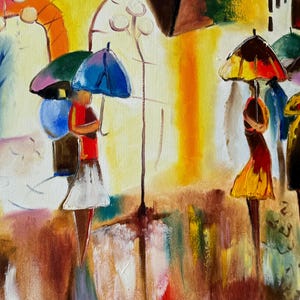 Abstract Rainy Street Scene Painting – Colorful Umbrella People Art – Romantic Modern Canvas 50x70 cm – Free Shipping. Bright Wall decor