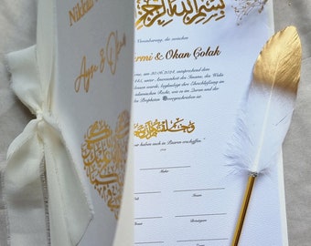 May include: A white wedding certificate with gold lettering. The certificate is for a Nikkah ceremony, a Muslim wedding. The text on the certificate reads "Nikkah Zertifikat" and "Vertragsbarung, die zwischen [Name] & [Name]" The certificate is signed by two witnesses.