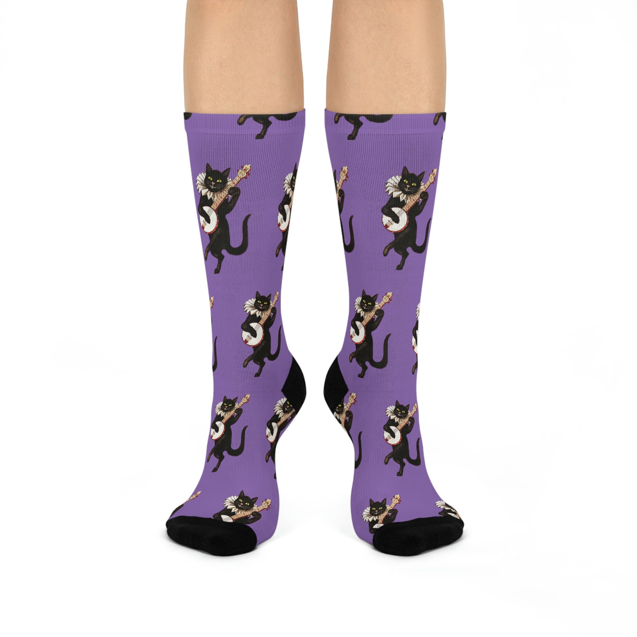 Banjo Cat Crew Socks (Purple) - Perfect Bluegrass Gift for Banjo Players and Musicians, Unique Banjo-Inspired Apparel