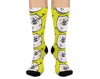 Yarn Kitten Crew Socks (Yellow) - Fun, High Winter Socks, Perfect Gift for Cat-Loving Knitters, Proudly Made in USA