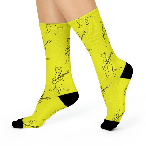 Rock 'N Roll Bass Cat Crew Socks (Yellow) - Musician Gift for Bass Players, Music Teachers, and Bass Enthusiasts