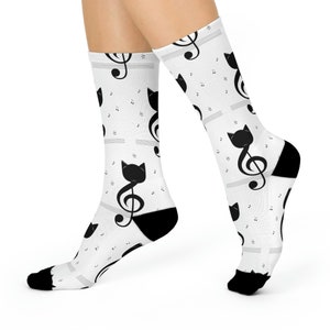 Music Cat Socks (White), Perfect Music Note Gift for String Players, Cat Lovers, and Musicians, Music Themed Apparel