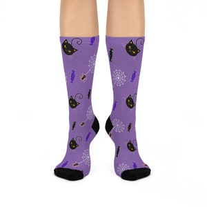Black Cat Halloween Crew Socks (Purple) - Cute Spider Web and Candy Design