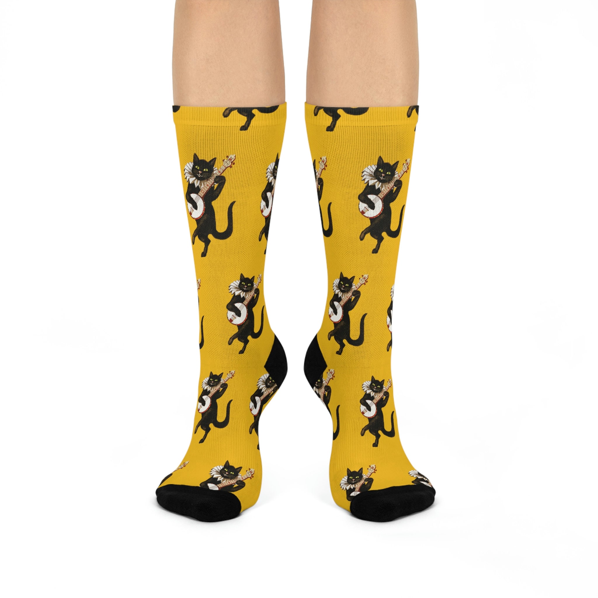 Banjo Cat Crew Socks (Gold) - Perfect Bluegrass Gift for Banjo Players and Musicians, Unique Banjo-Inspired Apparel
