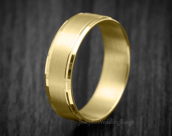 Elegant 9K or 18K Solid Gold Wedding Band In 3/4/5/6MM, Gold Wedding Ring Satin Finish & Cut Polished Edges, Pick From Three Gold Colours