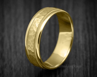 Handcrafted Solid Gold Hammered Wedding Band with Matt Finish and Milgrain Detailing - Timeless and Elegant Design for Men and Women